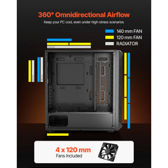 PC Gaming Case, Mid-Tower, Computer Case with High-Airflow Tempered Glass Panel, Dust Filter, 4 x 120 mm Fans, Cable Management, for GPU up to 270 mm in Length, Compatible with ATX/M-ATX/ITX