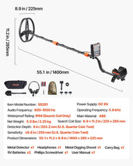 Metal Detector for Adults, 254 mm, Professional High Accuracy Gold Detector, IP68 Waterproof Search Coil with Display, Headphones, 5 Modes, Adjustable Length, for Detecting Gold Treasure Hunting