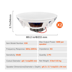 2 PCs 203.2 mm in Ceiling Speakers, 50-Watts, Flush Mount Ceiling & in-Wall Speakers System with Impedance 89dB Sensitivity, for Home Kitchen Living Room Bedroom or Covered Outdoor Porches