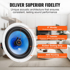2 PCs 203.2 mm in Ceiling Speakers, 50-Watts, Flush Mount Ceiling & in-Wall Speakers System with Impedance 89dB Sensitivity, for Home Kitchen Living Room Bedroom or Covered Outdoor Porches