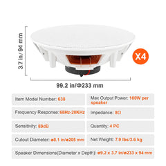 4 PCs 203.2 mm in Ceiling Speakers, 100-Watts, Flush Mount Ceiling & in-Wall Speakers System with 8ΩImpedance 89dB Sensitivity, for Home Kitchen Living Room Bedroom or Covered Outdoor Porches
