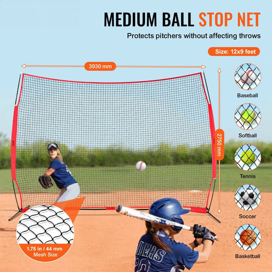 Barricade Backstop Net, 12x9 ft Ball Sports Barrier Netting, Portable Practice Equipment with Carry Bag, Protection Screen for Baseball Softball Lacrosse Soccer Hockey Training, for Backyard
