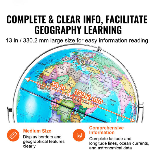 Rotating World Globe with Stand, 330.2 mm, Educational Geographic Globe with Precise Time Zone ABS Material, Spinning Globe for Kids Children Learning Classroom Geography Education