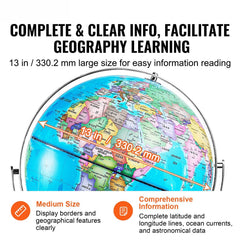 Rotating World Globe with Stand, 330.2 mm, Educational Geographic Globe with Precise Time Zone ABS Material, Spinning Globe for Kids Children Learning Classroom Geography Education