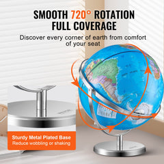 Rotating World Globe with Stand, 330.2 mm, Educational Geographic Globe with Precise Time Zone ABS Material, Spinning Globe for Kids Children Learning Classroom Geography Education