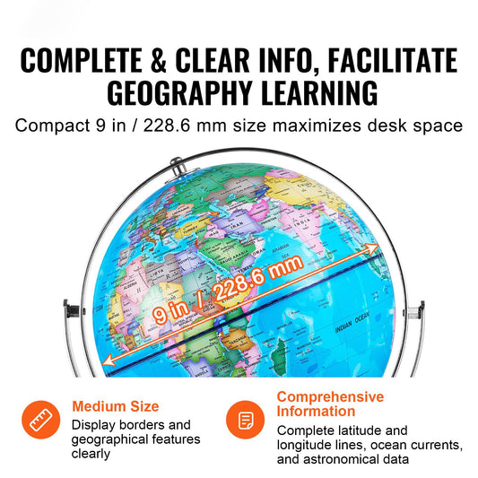 Illuminated World Globe with Stand, 228.6 mm, Educational Earth Globe with Stable Heavy Metal Base and LED Constellation Night Light HD Printed Map, Spinning for Kids Classroom Learning