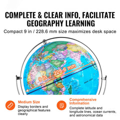 Illuminated World Globe with Stand, 228.6 mm, Educational Earth Globe with Stable Heavy Metal Base and LED Constellation Night Light HD Printed Map, Spinning for Kids Classroom Learning