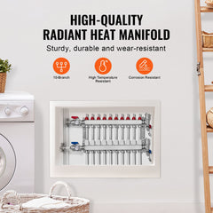 10-Branch Radiant Heat Manifold, 1/2" PEX Tubing Manifold, Stainless Steel PEX Manifold for Hydronic Radiant Floor Heating, Radiant Heat PEX Manifold Kit with 1/2" Adapters Included