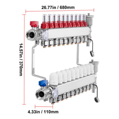 10-Branch Radiant Heat Manifold, 1/2" PEX Tubing Manifold, Stainless Steel PEX Manifold for Hydronic Radiant Floor Heating, Radiant Heat PEX Manifold Kit with 1/2" Adapters Included