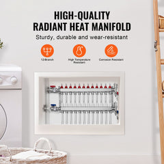 12-Branch Radiant Heat Manifold, 1/2" PEX Tubing Manifold, Stainless Steel PEX Manifold for Hydronic Radiant Floor Heating, Radiant Heat PEX Manifold Kit with 1/2" Adapters Included