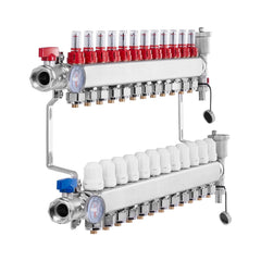 12-Branch Radiant Heat Manifold, 1/2" PEX Tubing Manifold, Stainless Steel PEX Manifold for Hydronic Radiant Floor Heating, Radiant Heat PEX Manifold Kit with 1/2" Adapters Included