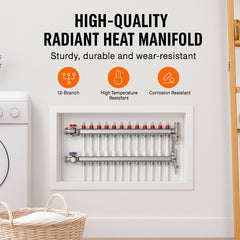 12-Branch Radiant Heat Manifold, 1/2" PEX Tubing Manifold, Stainless Steel PEX Manifold for Hydronic Radiant Floor Heating, Radiant Heat PEX Manifold Kit with 1/2" Adapters Included