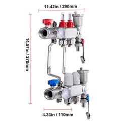 2-Branch Radiant Heat Manifold, 1/2" PEX Tubing Manifold, Stainless Steel PEX Manifold for Hydronic Radiant Floor Heating, Radiant Heat PEX Manifold Kit with 1/2" Adapters Included