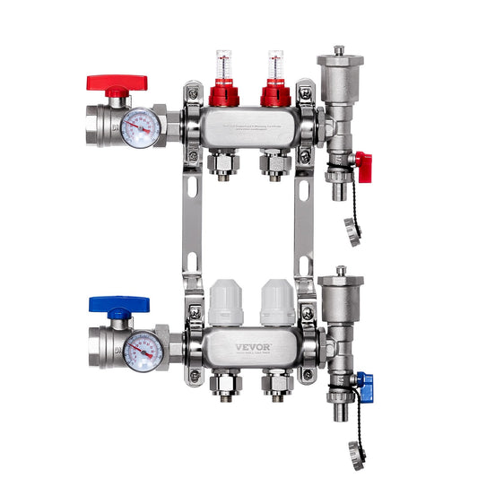 2-Branch Radiant Heat Manifold, 1/2" PEX Tubing Manifold, Stainless Steel PEX Manifold for Hydronic Radiant Floor Heating, Radiant Heat PEX Manifold Kit with 1/2" Adapters Included