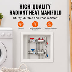 2-Branch Radiant Heat Manifold, 1/2" PEX Tubing Manifold, Stainless Steel PEX Manifold for Hydronic Radiant Floor Heating, Radiant Heat PEX Manifold Kit with 1/2" Adapters Included