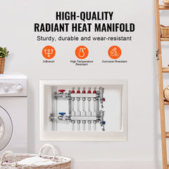 5-Branch Radiant Heat Manifold, 1/2" PEX Tubing Manifold, Stainless Steel PEX Manifold for Hydronic Radiant Floor Heating, Radiant Heat PEX Manifold Kit with 1/2" Adapters Included
