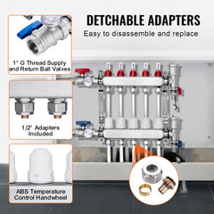 5-Branch Radiant Heat Manifold, 1/2" PEX Tubing Manifold, Stainless Steel PEX Manifold for Hydronic Radiant Floor Heating, Radiant Heat PEX Manifold Kit with 1/2" Adapters Included