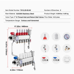 5-Branch Radiant Heat Manifold, 1/2" PEX Tubing Manifold, Stainless Steel PEX Manifold for Hydronic Radiant Floor Heating, Radiant Heat PEX Manifold Kit with 1/2" Adapters Included