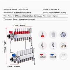 7-Branch Radiant Heat Manifold, 1/2" PEX Tubing Manifold, Stainless Steel PEX Manifold for Hydronic Radiant Floor Heating, Radiant Heat PEX Manifold Kit with 1/2" Adapters Included