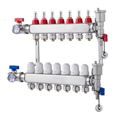 7-Branch Radiant Heat Manifold, 1/2" PEX Tubing Manifold, Stainless Steel PEX Manifold for Hydronic Radiant Floor Heating, Radiant Heat PEX Manifold Kit with 1/2" Adapters Included