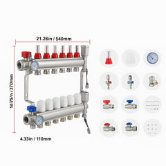 7-Branch Radiant Heat Manifold, 1/2" PEX Tubing Manifold, Stainless Steel PEX Manifold for Hydronic Radiant Floor Heating, Radiant Heat PEX Manifold Kit with 1/2" Adapters Included