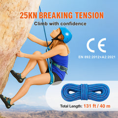 10.2mm Dynamic Climbing Rope, 40M(131ft) Outdoor Rock Climbing Rope 25KN Breaking Tension, Stretchable Fiber Rope with Steel Snap Hooks for Escape, Rappelling, Fire Rescue, Blue