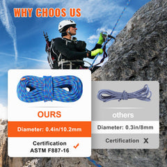 10.2mm Dynamic Climbing Rope, 40M(131ft) Outdoor Rock Climbing Rope 25KN Breaking Tension, Stretchable Fiber Rope with Steel Snap Hooks for Escape, Rappelling, Fire Rescue, Blue