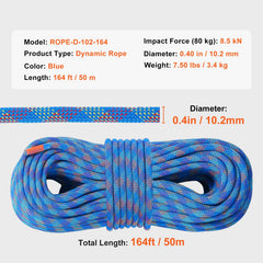 10.2mm Dynamic Climbing Rope, 50M(164ft) Outdoor Rock Climbing Rope 25KN Breaking Tension, Stretchable Fiber Rope with Steel Snap Hooks for Escape, Rappelling, Fire Rescue, Blue