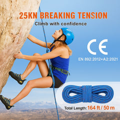 10.2mm Dynamic Climbing Rope, 50M(164ft) Outdoor Rock Climbing Rope 25KN Breaking Tension, Stretchable Fiber Rope with Steel Snap Hooks for Escape, Rappelling, Fire Rescue, Blue