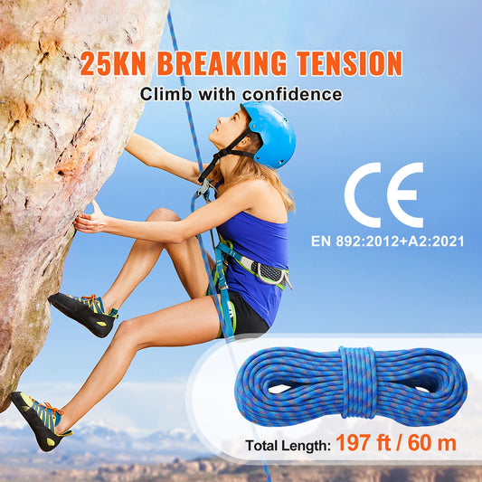 10.2mm Dynamic Climbing Rope, 60M(197ft) Outdoor Rock Climbing Rope 25KN Breaking Tension, Stretchable Fiber Rope with Steel Snap Hooks for Escape, Rappelling, Fire Rescue, Blue