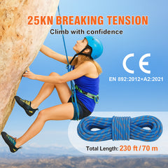 10.2mm Dynamic Climbing Rope, 70M(230ft) Outdoor Rock Climbing Rope 25KN Breaking Tension, Stretchable Fiber Rope with Steel Snap Hooks for Escape, Rappelling, Fire Rescue, Blue