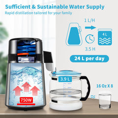 4L Water Distiller Distilled Water Maker 1 L/H w/ Timing Dual-Temp Silver