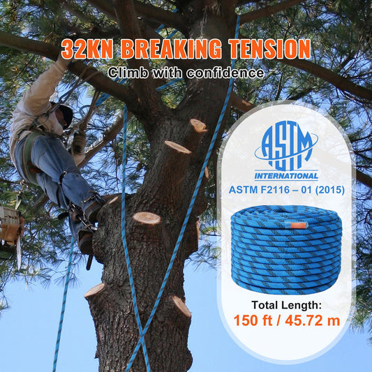 12.7mm Static Climbing Rope, 45.7M(150ft) Outdoor Rock Climbing Rope 30KN Breaking Tension, Fiber Rope with Steel Snap Hooks for Escape, Rappelling, Fire Rescue, Blue