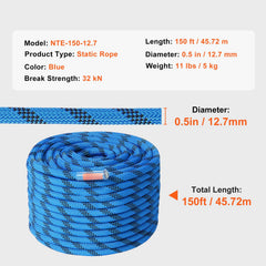 12.7mm Static Climbing Rope, 45.7M(150ft) Outdoor Rock Climbing Rope 30KN Breaking Tension, Fiber Rope with Steel Snap Hooks for Escape, Rappelling, Fire Rescue, Blue