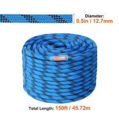 12.7mm Static Climbing Rope, 45.7M(150ft) Outdoor Rock Climbing Rope 30KN Breaking Tension, Fiber Rope with Steel Snap Hooks for Escape, Rappelling, Fire Rescue, Blue