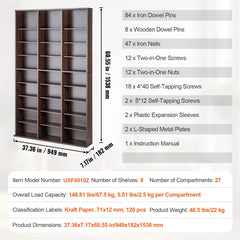 Media Storage Cabinet, 9-layer DVD Shelf Holds up to 756 CDs, Adjustable CD Shelves 27 Compartments, Protects & Organizes Music, Movie, Video Games or Memorabilia Collections, Espresso