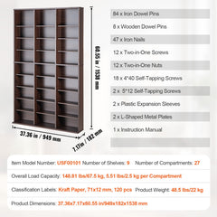 Media Storage Cabinet, 9-layer DVD Shelf Holds up to 756 CDs, Adjustable CD Shelves 27 Compartments, Protects & Organizes Music, Movie, Video Games or Memorabilia Collections, Espresso