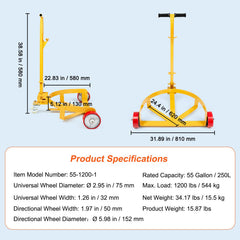 250L Drum Dolly, 544 kg Load Capacity, Barrel Dolly Cart Drum Caddy Round Dolly Steel Low Profile, Heavy Duty Steel Frame with Adjustable Handle 3 Wheels, for Workshop Factory Warehouse