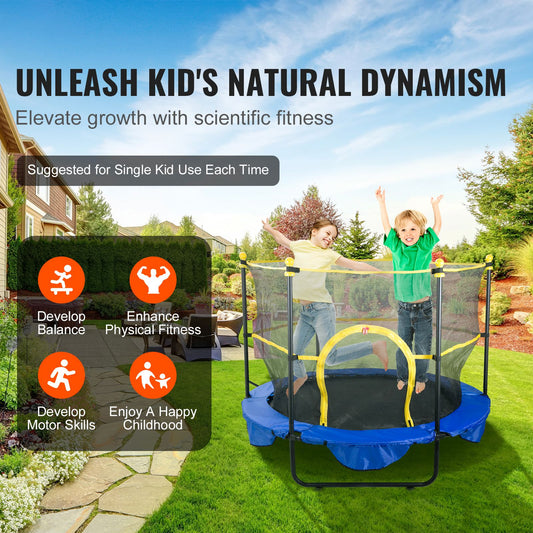 5FT Trampoline for Kids, 60" Indoor Outdoor Trampoline with Safety Enclosure Net, Basketball Hoop and Ocean Balls, Mini Toddler Recreational Trampoline Birthday Gifts for 3+ Years Kids