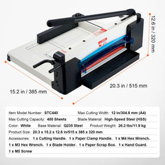 Heavy Duty Paper Cutter, 304.8 mm Industrial Commercial Guillotine Paper Cutter for A4 Paper, 400 Sheet Capacity, Solid Steel Construction, Stack Paper Trimmer for Office Home School Shop, White
