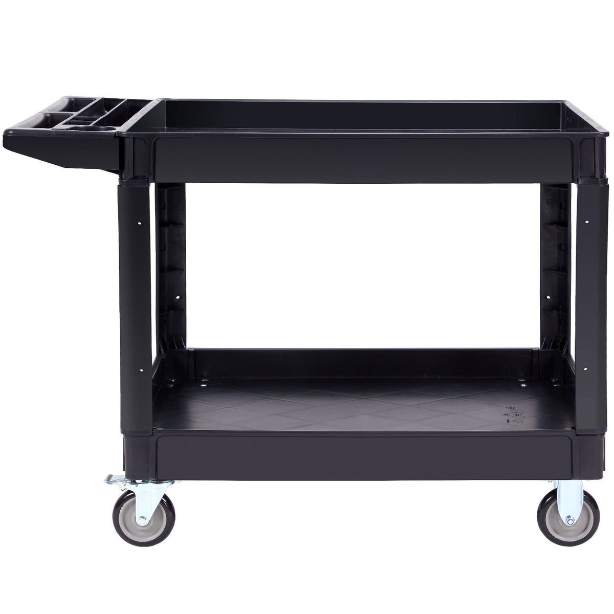 Utility Service Cart, 2 Shelf 550LBS Heavy Duty Plastic Rolling Utility Cart with 360° Swivel Wheels (2 with Brakes), Large Lipped Shelf, Ergonomic Storage Handle for Warehouse/Garage/Cleaning