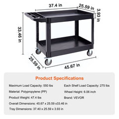 Utility Service Cart, 2 Shelf 550LBS Heavy Duty Plastic Rolling Utility Cart with 360° Swivel Wheels (2 with Brakes), Large Lipped Shelf, Ergonomic Storage Handle for Warehouse/Garage/Cleaning