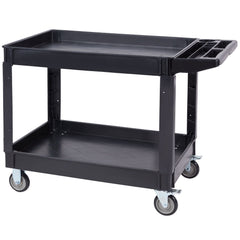 Utility Service Cart, 2 Shelf 550LBS Heavy Duty Plastic Rolling Utility Cart with 360° Swivel Wheels (2 with Brakes), Large Lipped Shelf, Ergonomic Storage Handle for Warehouse/Garage/Cleaning
