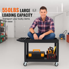 Utility Service Cart, 2 Shelf 550LBS Heavy Duty Plastic Rolling Utility Cart with 360° Swivel Wheels (2 with Brakes), Large Lipped Shelf, Ergonomic Storage Handle for Warehouse/Garage/Cleaning