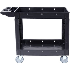 Utility Service Cart, 2 Shelf 550LBS Heavy Duty Plastic Rolling Utility Cart with 360° Swivel Wheels, Medium Lipped Shelf, Ergonomic Storage Handle for Warehouse/Garage/Cleaning/Office