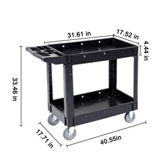 Utility Service Cart, 2 Shelf 550LBS Heavy Duty Plastic Rolling Utility Cart with 360° Swivel Wheels, Medium Lipped Shelf, Ergonomic Storage Handle for Warehouse/Garage/Cleaning/Office