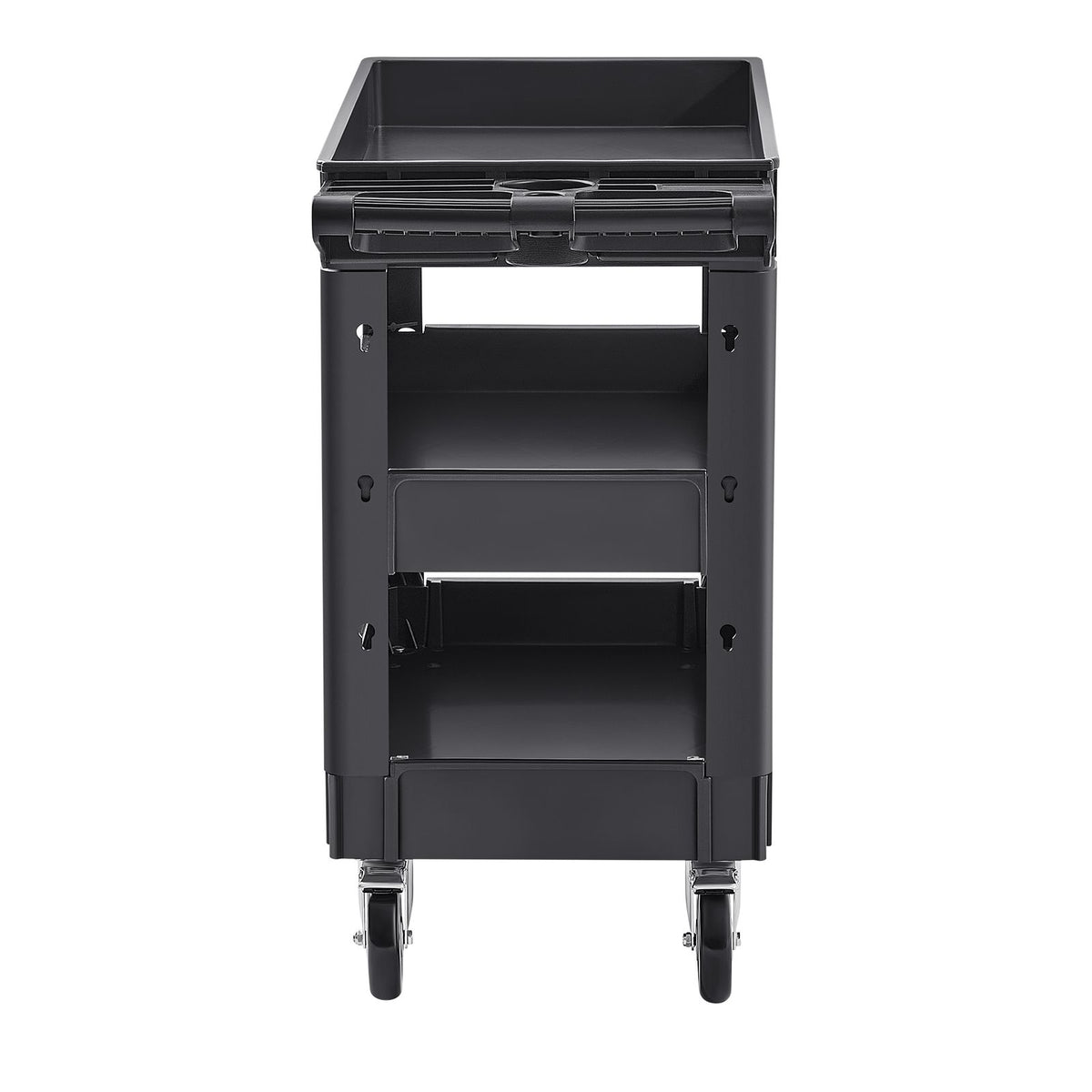 Utility Service Cart, 550 LBS Laod Capacity, 3 Shelf Heavy Duty Plastic Rolling Utility Cart with 360° Swivel Wheels (2 with Brakes), Ergonomic Storage Handle for Warehouse/Garage/Cleaning
