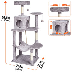 Cat Tree 143 cm Cat Tower with Cat Condo Sisal Scratching Post Light Grey