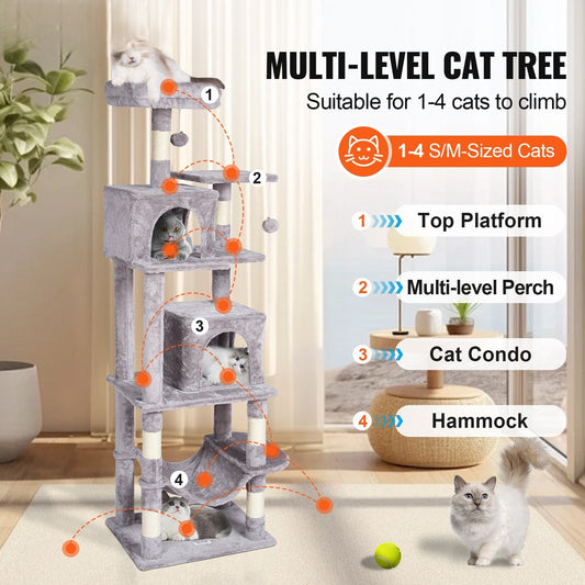 Cat Tree 160 cm Cat Tower with 2 Cat Condos Scratching Post Light Grey