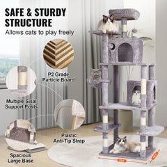 Cat Tree 174 cm Cat Tower with Cat Condos Sisal Scratching Post Light Grey